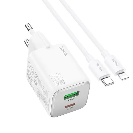 Адаптер сетевой Hoco Type-C для Lightning cable Almighty charger N41 |1USB/1Type-C, 20W/3A, PD/QC| - фото 1