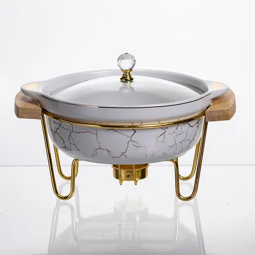 Мармит фарфоровый настольный круглый 800 (мл) мармитница с подогревом Белый мрамор Yiwu LC-710 - фото 4