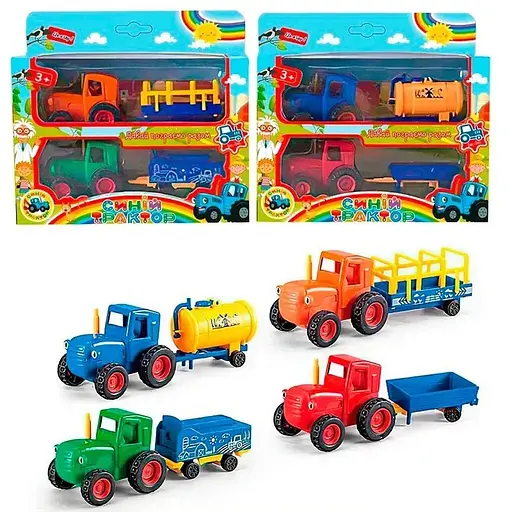 Детский набор игрушечных тракторов с прицепом Синий трактор Синий/Зеленый - фото 2