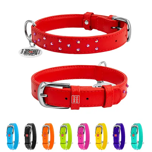 Ошейник для собак кожаный Waudog Glamour с QR-паспортом с клеевыми стразами Ш 20 мм Д 30-39 см красный - фото 2