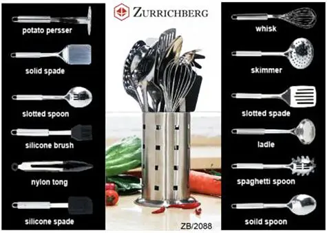 Набір кухонного приладдя Zurrichberg ZB/2088 на стійці з нержавіючої сталі 13 предметів Сріблястий - фото 3