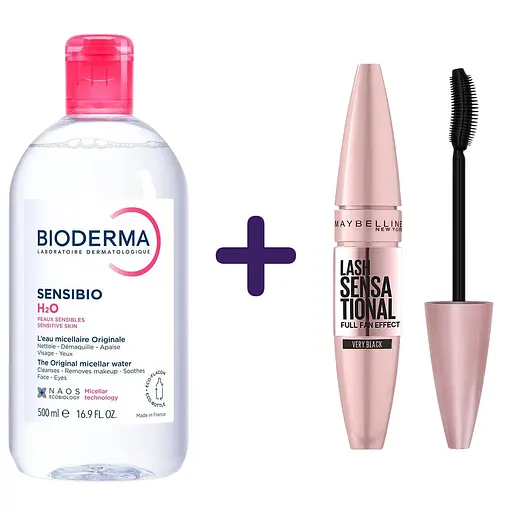 Набір: міцелярний лосьйон Bioderma Sensibio Н2О 500 мл + туш для вій Maybelline New York Lash Sensational чорний 9.5 мл