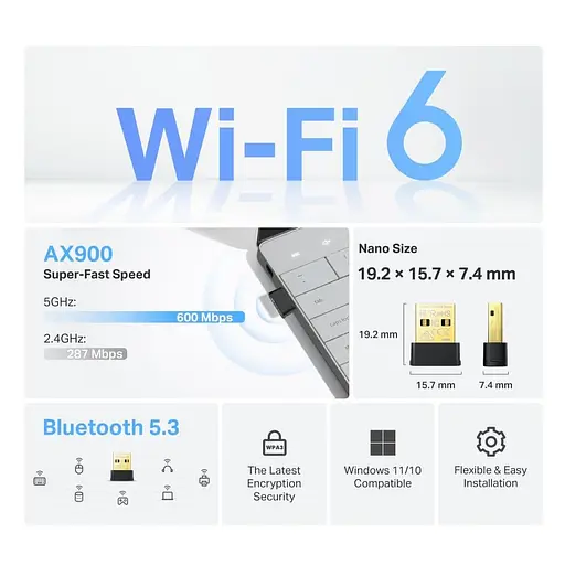 WiFi-адаптер TP-Link WiFi Archer TX10UB nano AX900, USB, BT5.3 (ARCHER-TX10UB-NANO) - фото 9