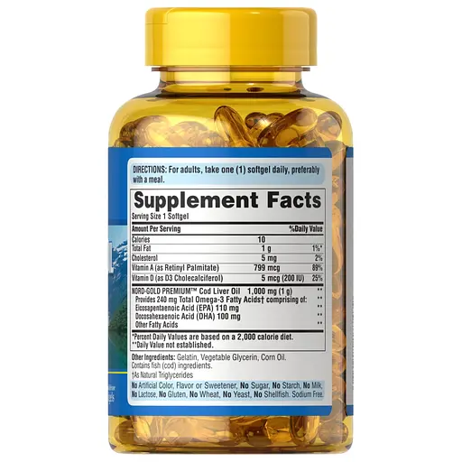 Жирные кислоты Puritan's Pride Cod Liver Oil 1000 mg, 120 капсул - фото 2