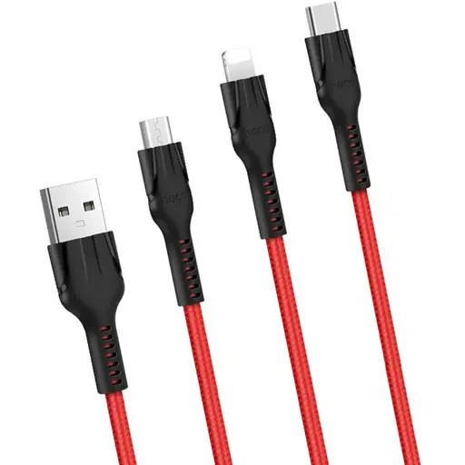 Кабель Hoco U31 Benay one pull three charging cable Lightning + Micro + Type-c Красный