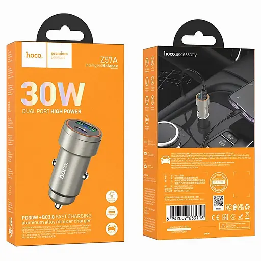 Автомобільний зарядний адаптер Hoco Z57A Glorious PD30W + QC3.0 2 x USB-порти швидка зарядка сірий - фото 2