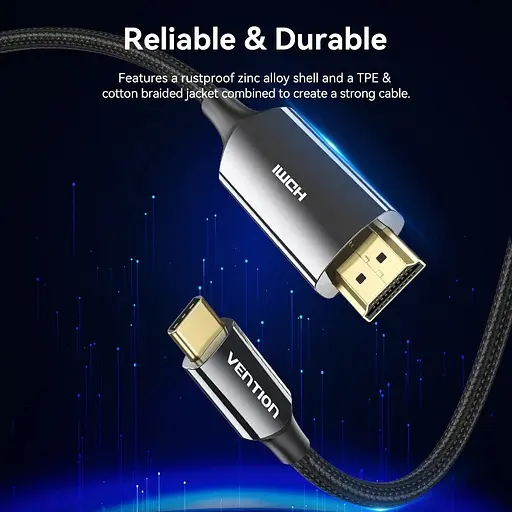 Кабель USB 3.1 Type-C M - HDMI M, 1.8m 8K 60 Гц Zinc Alloy TPE Black Vention - фото 6