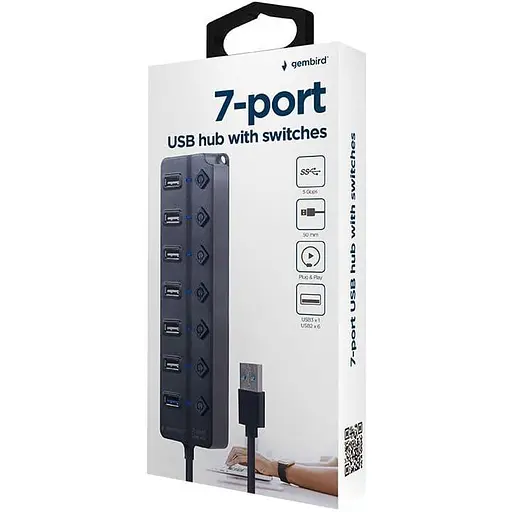 USB-Хаб Gembird 7 портiв (6хUSB2.0+1хUSB3.0) UHB-U3P1U2P6P-01, пластик, чорний (UHB-U3P1U2P6P-01) - фото 4