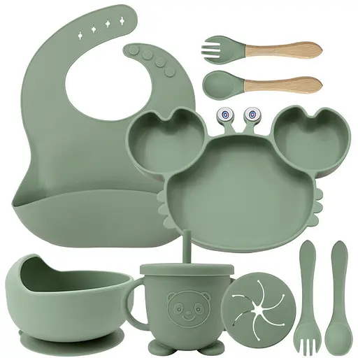 Набір дитячого силіконового посуду для першого прикорму на присосках 9 предметів Краб Green (18974) - фото 1