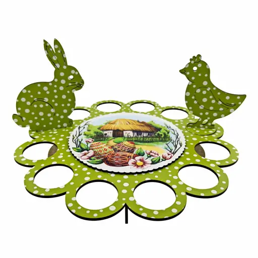 Великодня підставка для писанок зелена з зайчиком і курочкою на 12 яєць - фото 1