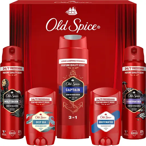 Подарунковий набір Old Spice Discovery Box: аерозольний дезодорант Night Panther 150 мл + аерозольний дезодорант Wolfthorn 150 мл + дезодорант-стік Deep Sea 50 мл + дезодорант-стік Whitewater 50 мл + гель для душу 3-в-1 Captain 250 мл