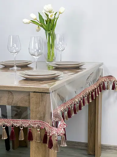 Скатертина силіконова з бордово-молочною бахромою 380х130 см - фото 3
