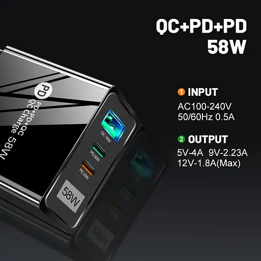 Зарядний пристрій Mirrow USB 2-Type-C Super Charge/Quick Charge 3.0 PD 58W Black (КУ050840) - фото 7