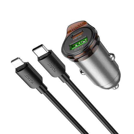 Автомобільний зарядний пристрій Hoco NZ16A USB/Type-C 43W PD QC 25W metal grey + кабель Type-C to Lightning - фото 3