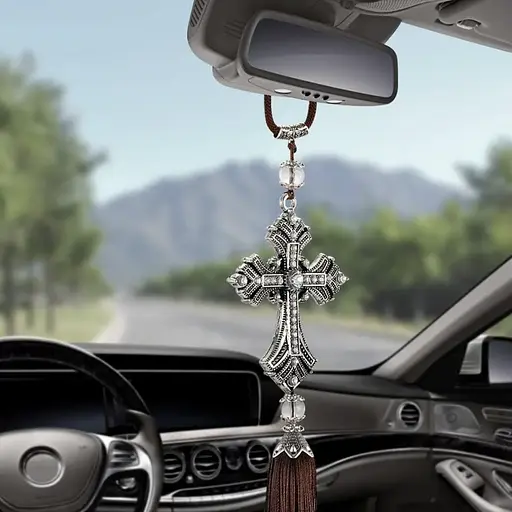 Хрест висотою 8.5 см Ісуса Християнський на дзеркало заднього виду з металу та кристалів, 1 шт - фото 4