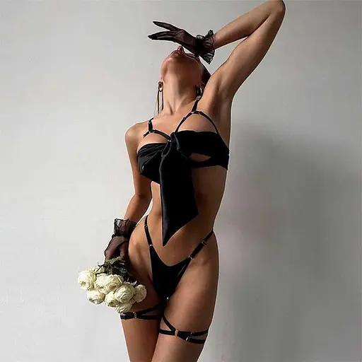 Комплект з бантом та гартерами гарний S-M-L чорний - фото 4