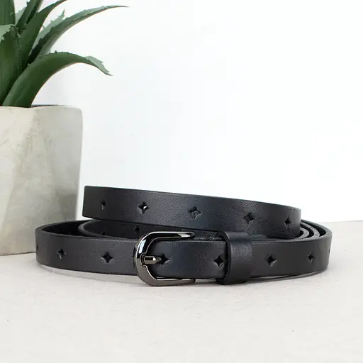 Ремінь жіночий вузький шкіряний з дірочками SF-1545 чорний (125 см) - фото 2