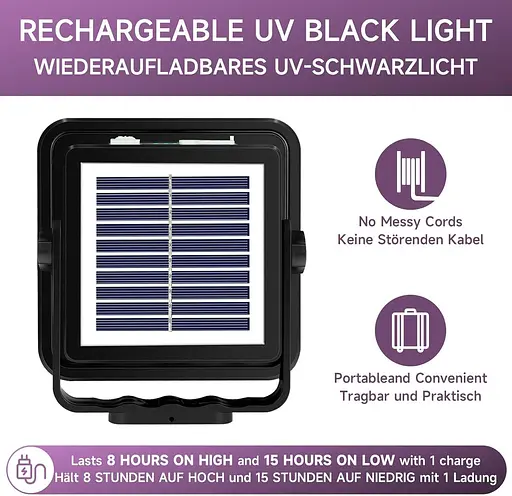 Black Light Spotlight 60 Вт, WINNIW 120 LED УФ-лампа с черным перезаряжаемым ультрафиолетовым светом для вечеринки - фото 4