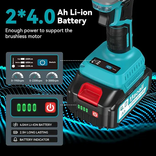 Електричний ударний гайковерт Awawei із акумулятором 650 Нм, 2 шт. 4000 мАг та пристроєм для швидкої зарядки, ударний гайковерт - фото 3