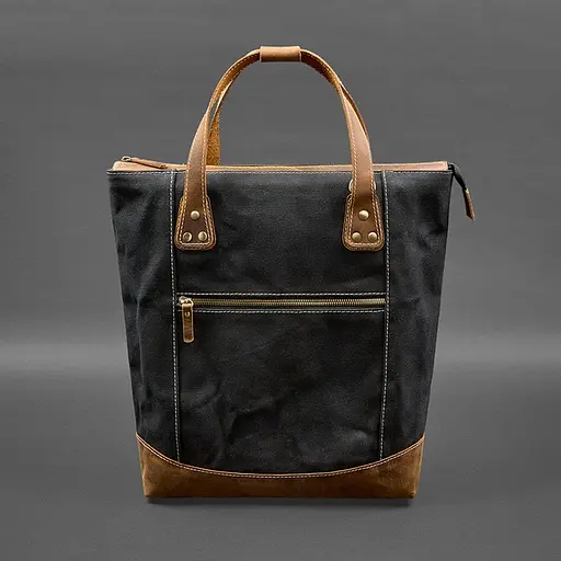 Сумка-рюкзак з канвасу та натуральної світло-коричневої шкіри - фото 10