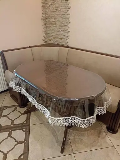 Силіконова скатертина овальна з мереживом 7см 160х110 см Кремовий - фото 2