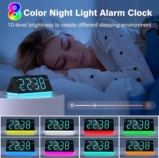 Цифровий будильник для спалень з USB-зарядними пристроями, барвисте нічне світло будильник, повтор, подвійний будильник - фото 6