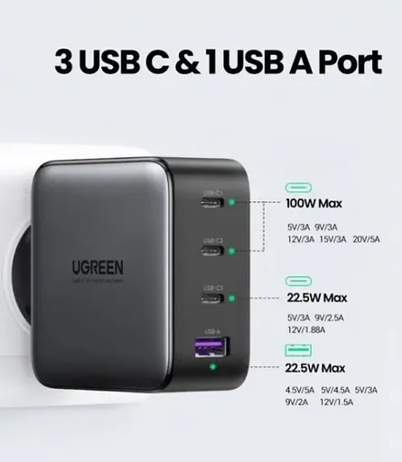 Універсальний портативний швидкий зарядний пристрій Ugreen CD226 GaN 100W 3C1A на 4 USB - фото 3