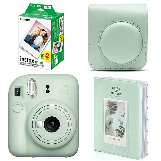 Набор камера Fujifilm Instax Mini 12, Фотобумага 20шт, Чехол, Фотоальбом 64 фото Зеленый - фото 1