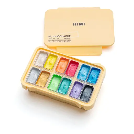 Набор гуашевых красок Twin Cup 12×12мл Металлик желтый пластиковый пенал HIMI - фото 7
