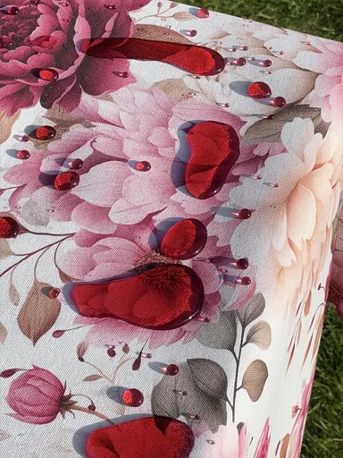 Водоотталкивающая Скатерть с 3D принтом Танец пионов 220х140 см (+ 4 салфетки 30х40) Красный - фото 6