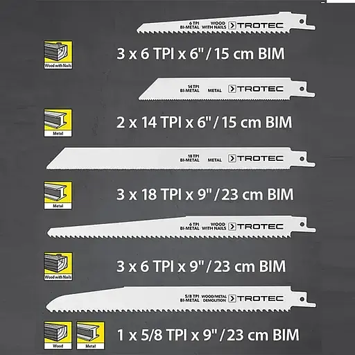 Набор пилочных полотен для пилы сабельной Trotec Wood/Metal Set 12 шт. (DAS302824) - фото 5