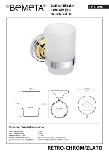 Склянка з тримачем Bemeta Retro золото/хром скло 144210018 білий - фото 2