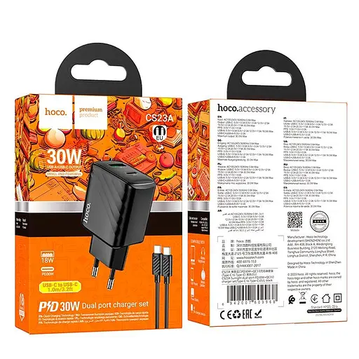 Адаптер сетевой HOCO Type-C to Type-C cable Sunlight dual-port charger CS23A |1USB/1Type-C, 30W/3A, PD/QC| - фото 2