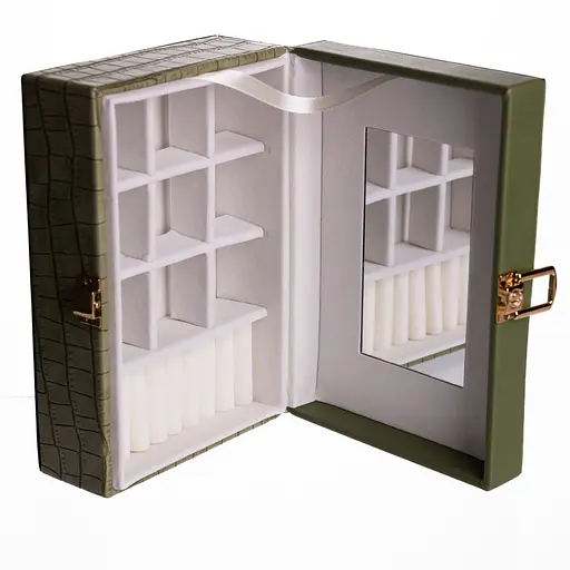 Скринька для прикрас з екошкіри 10 відділень із дзеркалом 20×14×8 см органайзер для прикрас Зелений Yiwu HP-5-19GR - фото 5