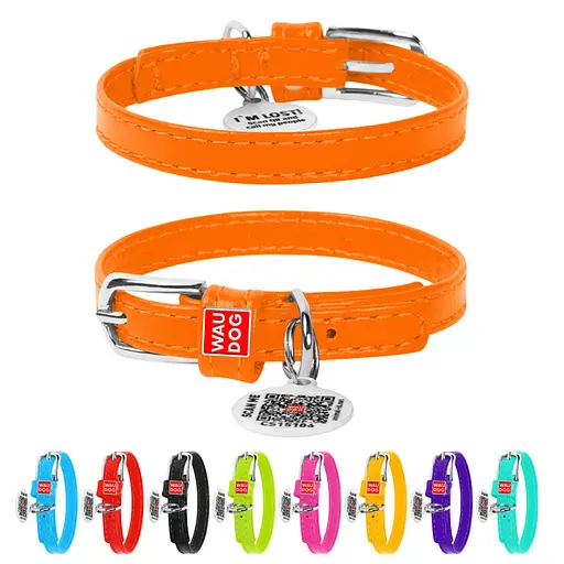 Нашийник для собак шкіряний Waudog Glamour з QR-паспортом без прикрас XXS Ш 9 мм Д 18-21 см помаранчевий - фото 2