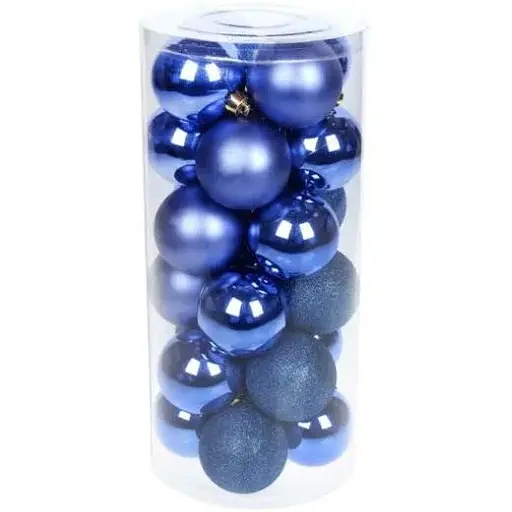 Набір святкових ялинкових куль діаметром 6 см колір синій 24 шт глянцеві гліттер та матові - фото 1