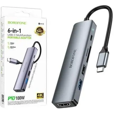 USB-хаб Borofone DH15 6 в 1 Type C/HDMI + Type C + USB 3.0 + SD + microSD