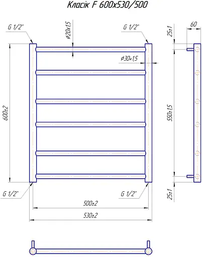 Водяна рушникосушка Mario Класік F 600x530/500 1.1.5903.01.P, Хром, нижнее - фото 5
