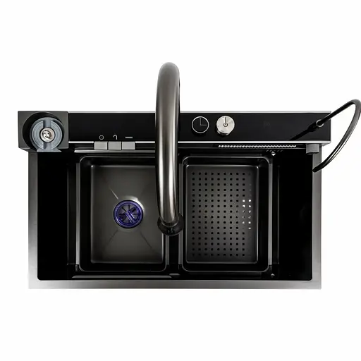 Кухонна мийка 75x45D PVD чорна Platinum Handmade Водоспад декор, Decor - фото 6