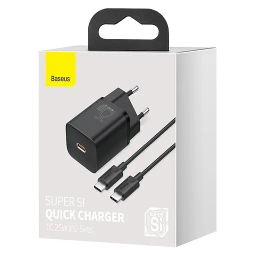 МЗП Baseus Super Si Quick Charger 25W (1USB-C) + кабель Type-C to Type-C (TZCCSUP-L) Чорний - фото 2
