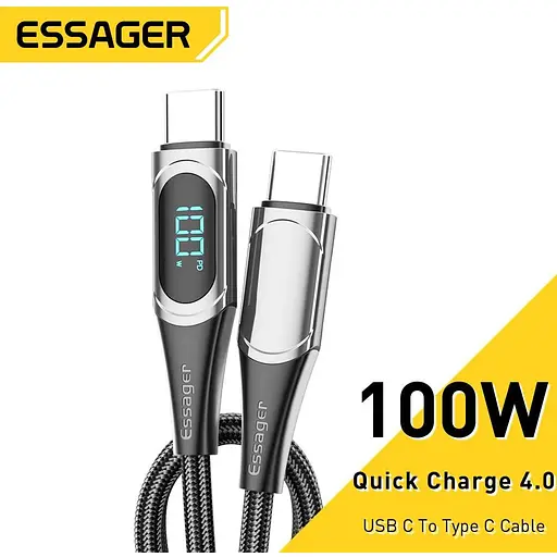 Кабель Essager USB Type-C to Type-C 100W с дисплеем быстрая зарядка 20V 5A - фото 6