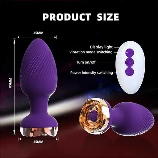 Анальная вибро-пробка Rose Butt на пульте с золотой розой 10 режимов 5 мм 90 мм фиолетовый - фото 7