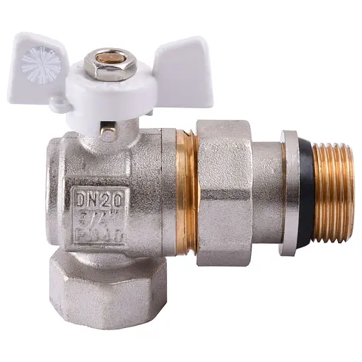 Кран кульовий кутовий з американкою Q Professional QP004 PN40 3/4″ антипротікання, Білий метелик - фото 1