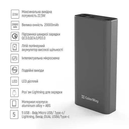 Павербанк ColorWay Gray 20 000 mAh / 22.5 Вт (CW-PB200LPH3GR-PDD) - фото 8