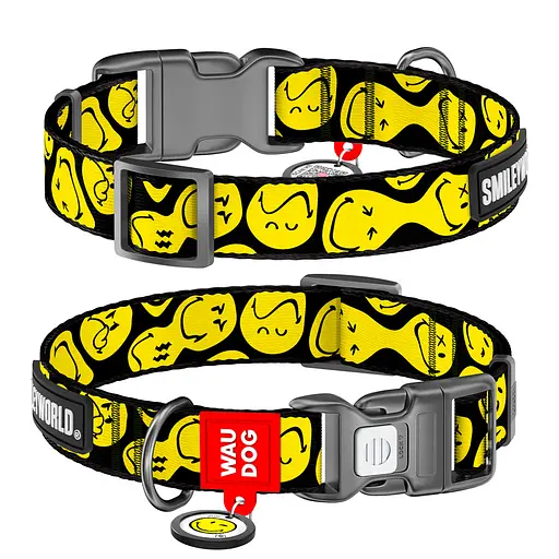Нашийник для собак нейлоновий Waudog Nylon з QR-паспортом "Смайли на чорному" пластиковий фастекс S Ш 15 мм Дл 25-35