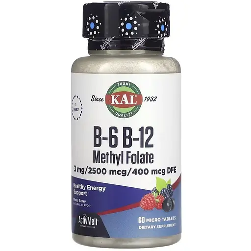 Вітаміни B6, B12 KAL B-6 B-12 Methyl Folate, 60 мікро таблеток для підтримки серцево-судинної системи - фото 1
