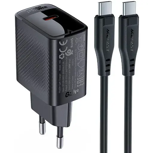 Сетевое зарядное устройство с кабелем Acefast A82 PD20W GaN single USB-C charger set (P5) (EU) черный - фото 1