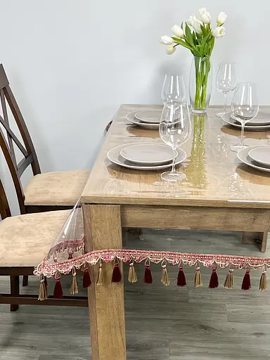 Скатертина силіконова з бордово-молочною бахромою 340х110 см - фото 5