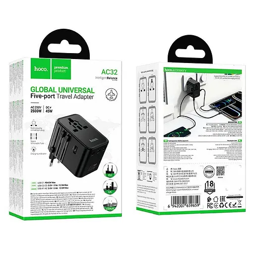 Адаптер сетевой HOCO Changer 5-port PD universal charger AC32 2USB/3TypeC, PD/QC, 45W/3A| - фото 2