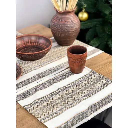 Комплект Різдвяний лляний з українським орнаментом Рандеву-2 Ранер 140х30 см + серветки 30х40 см 18 шт.